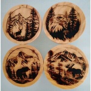Burned Wood 4 Inch Coasters Animal Theme Handmade Nature Country Outdoors New